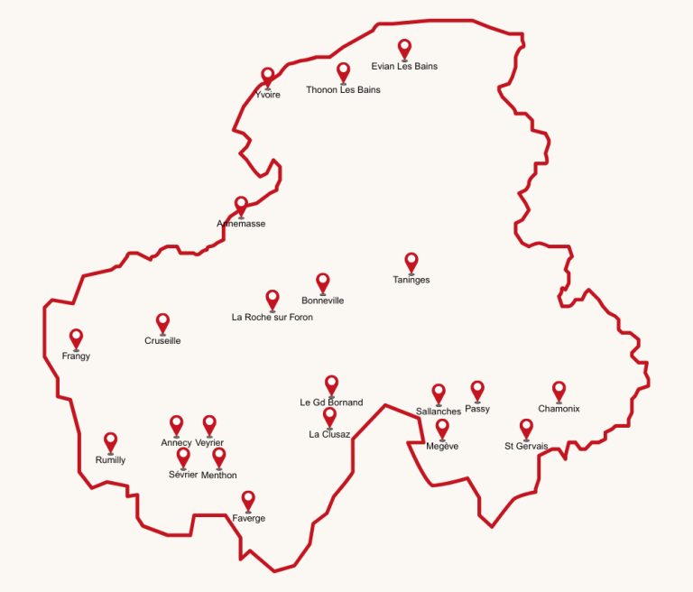 L'agence de nettoyage 74 NETT présente la carte de ses lieux d'interventions dans l'ensemble de la Haute-Savoie